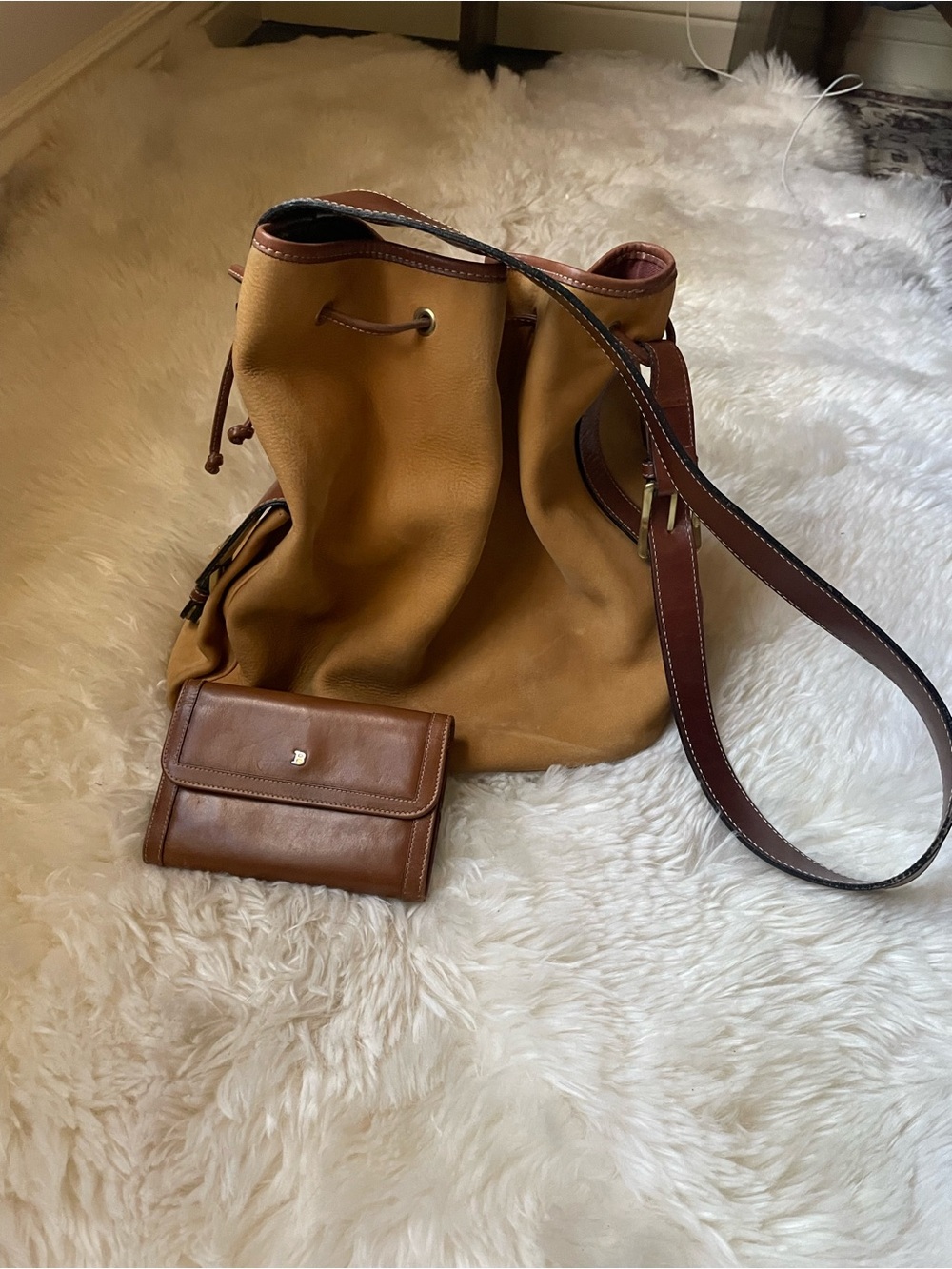 Vintage Bally tan suede & brown leather slouchy hobo bag & wallet